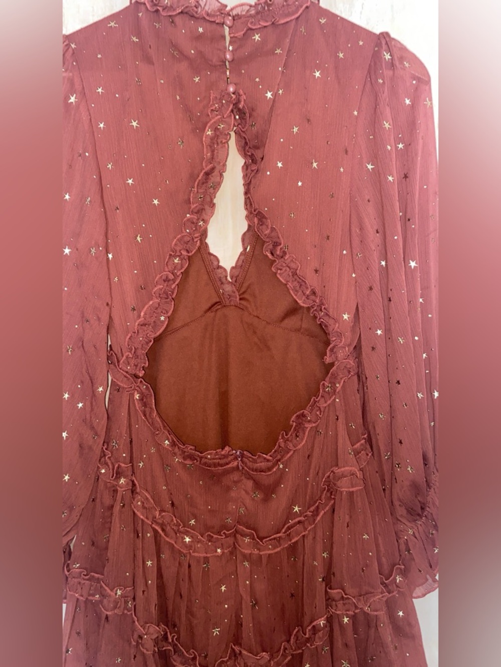 entro Rust Red Long Sleeve Star-Print Ruffle Mini Dress - Picture 5 of 10